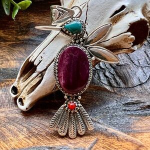 925 Sterling Silver Purple Spiny / Multi Stone Hummingbird Pendant